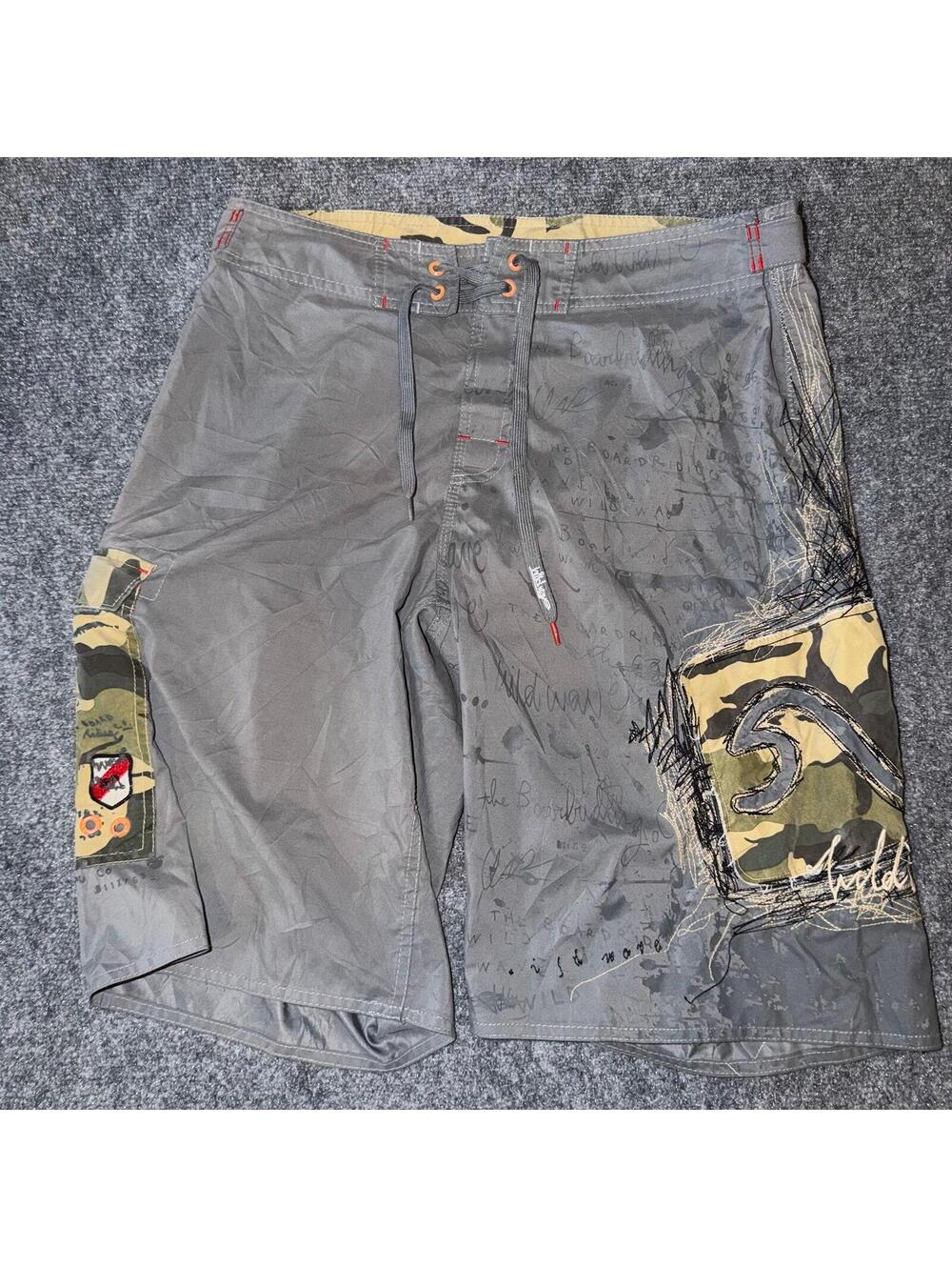Wild Wave Grey Surf Board Shorts Mens LG Vtg y2k 90s Rare Grunge